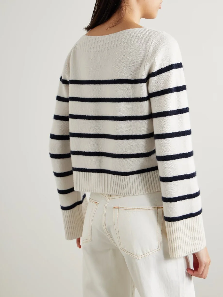 Boat Neck Stripe Cashmere Sweater Crewneck Pullover Women Jumper